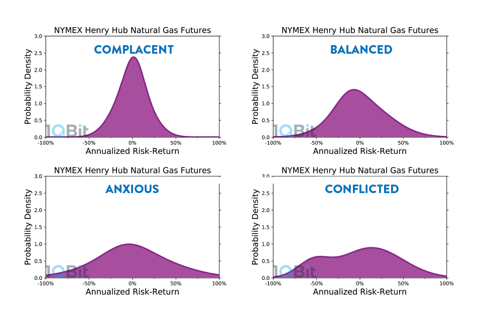 Graphical representations of the risk-return curves for the four market states within the MSM: Complacent; Balanced; Anxious; and Conflicted states.